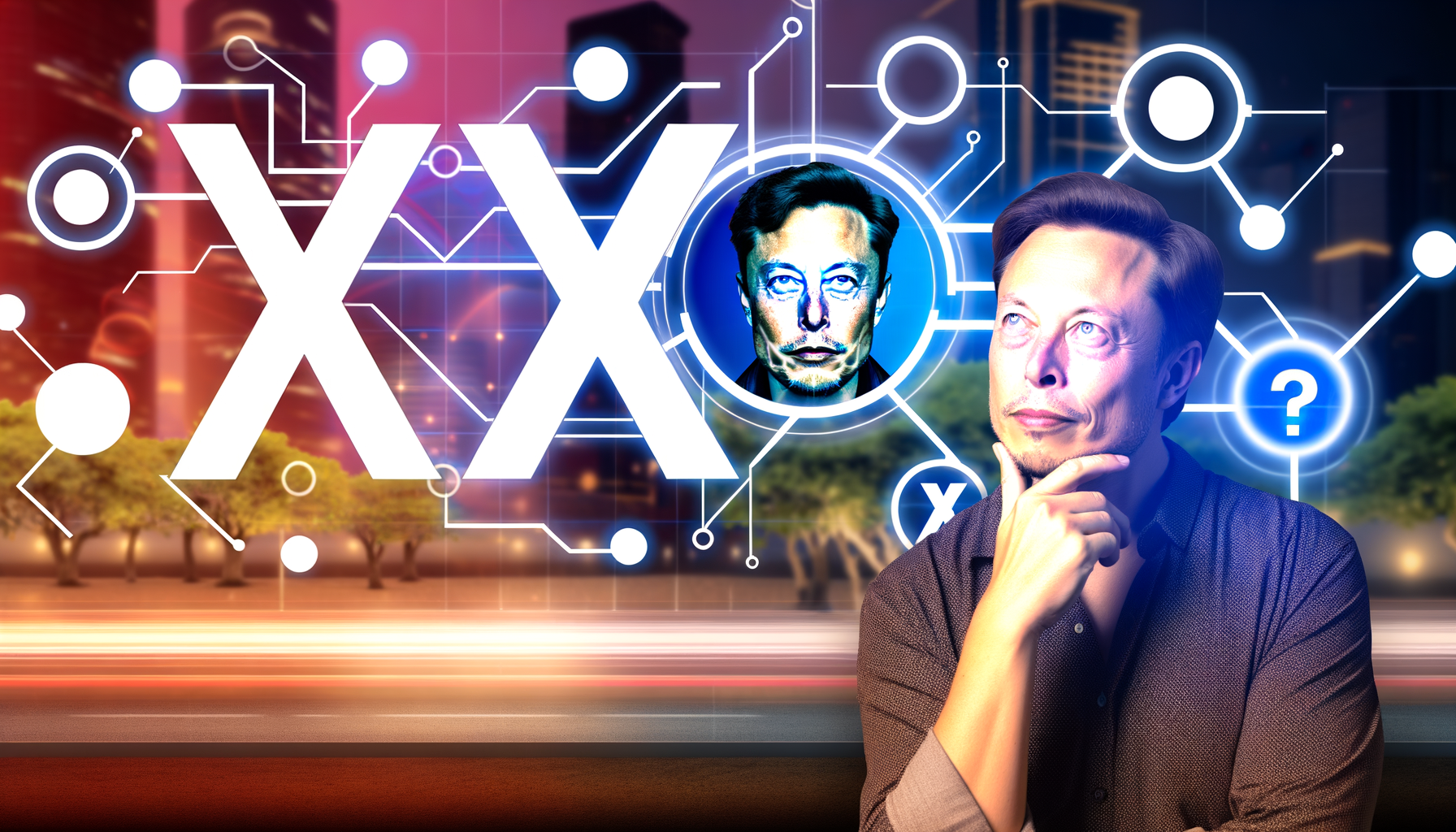 Элон Маск и логотипы X и XAI