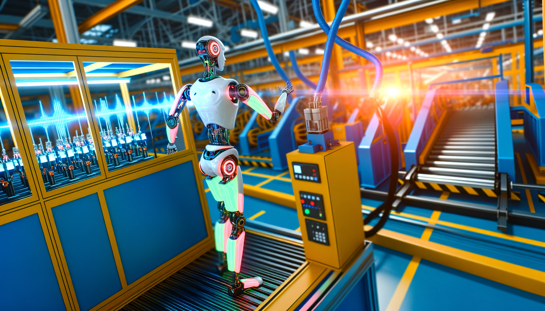 Индустриальный суперhumanoid-робот на заводе, выполняющий операции по сборке с помощью искусственного интеллекта