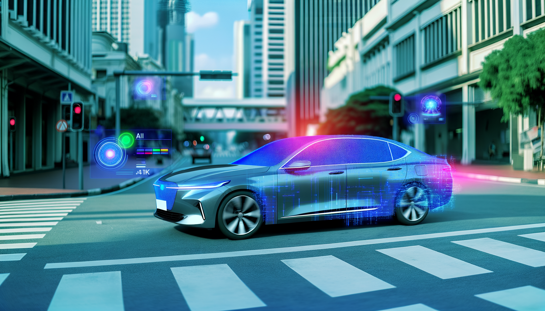 Автомобиль Nissan с системами искусственного интеллекта и автономным управлением на городских улицах