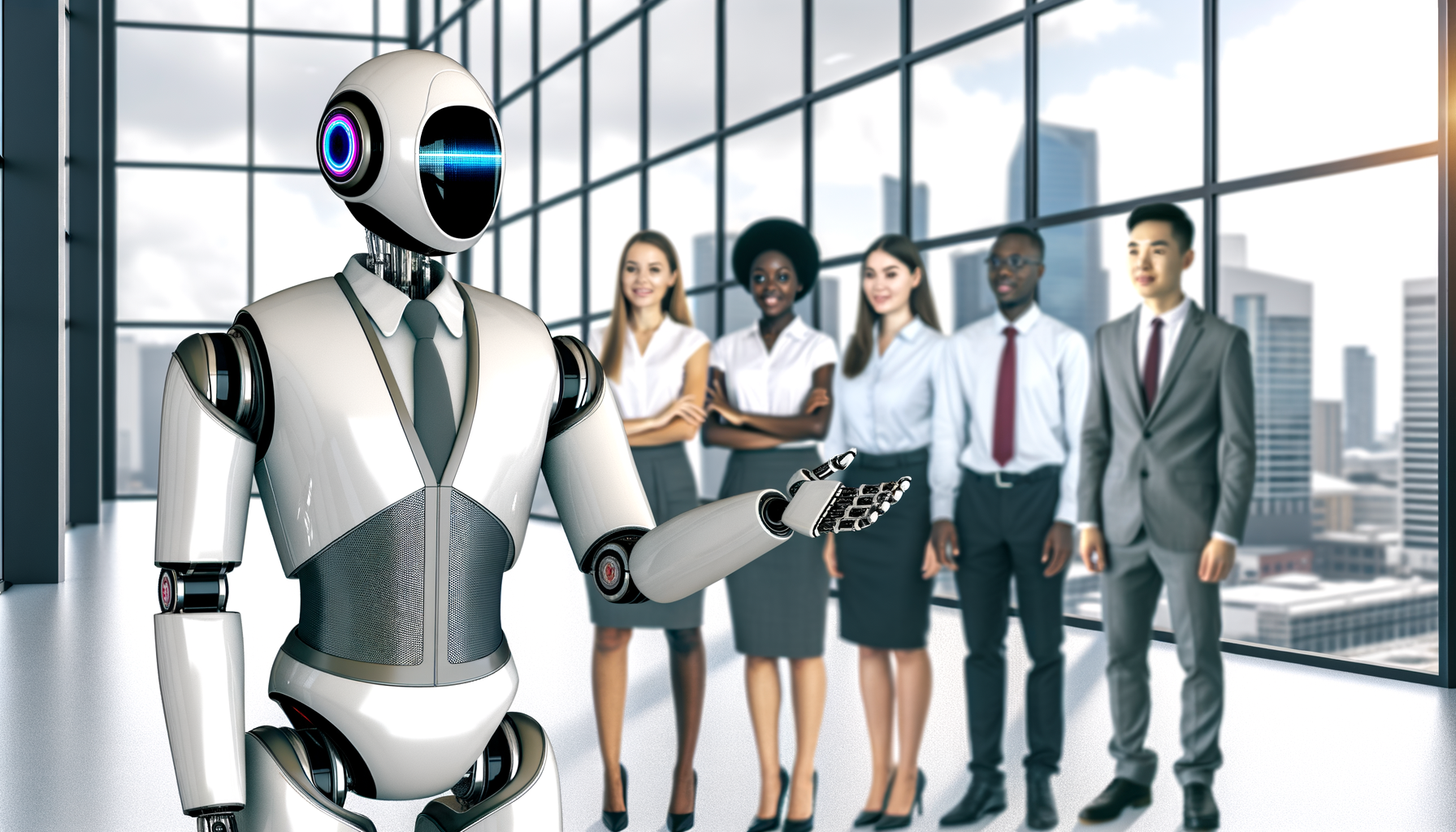 Полуж humanoid-робот взаимодействует с человеком в офисной среде