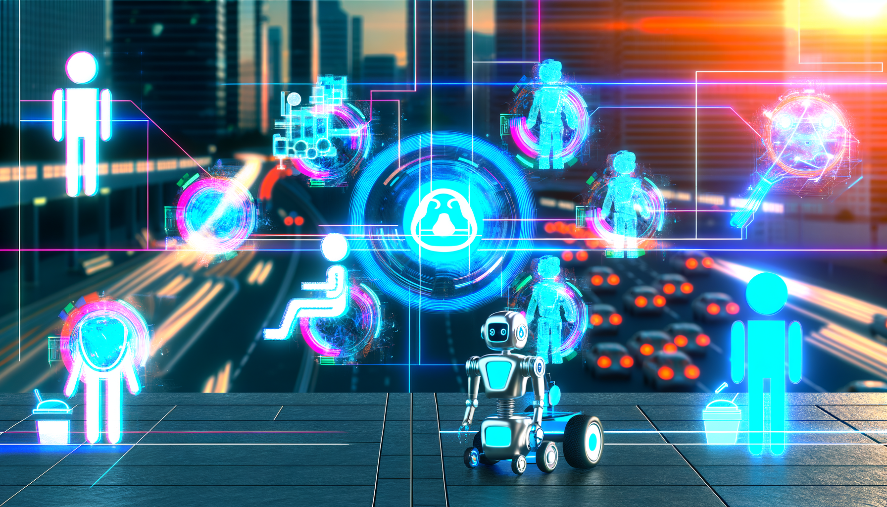 Графика с изображением множества узконаправленных AI-роботов, представляющих развитие task-specific AI до 2027 года