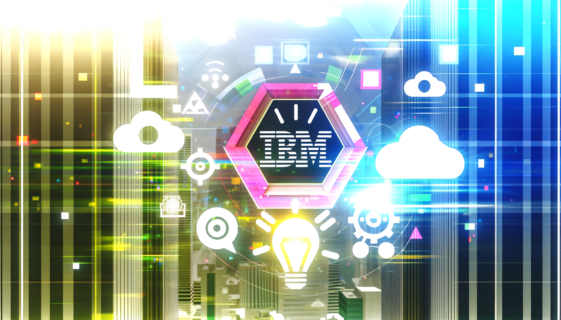 Логотип IBM на фоне технологических новинок и инвестиций.