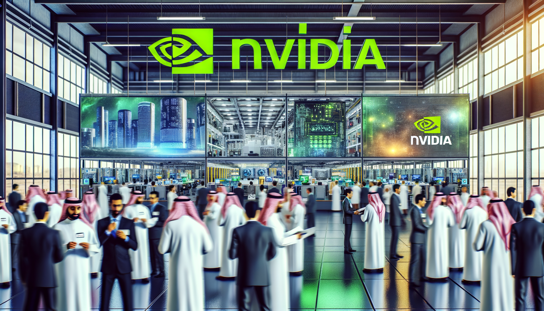 Иллюстрация фабрики ИИ с логотипом Nvidia и технологическими компонентами.