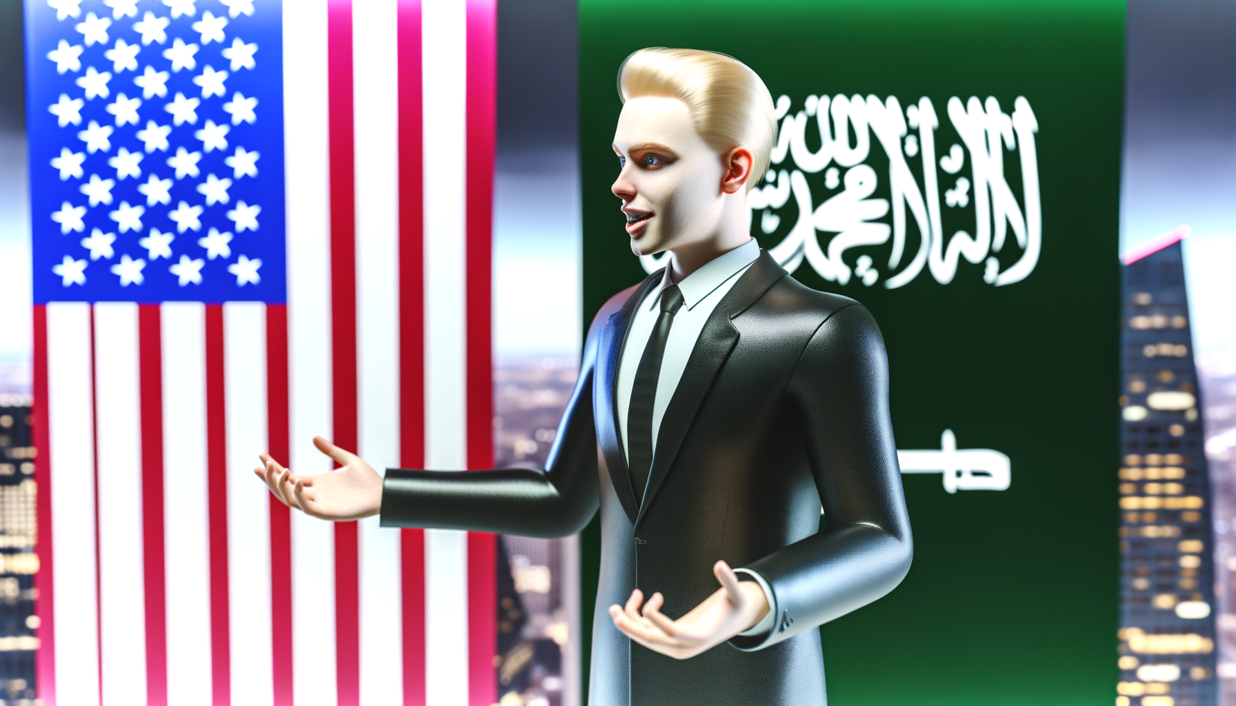 Дональд Трамп и флаги США и Саудовской Аравии, символизирующие инвестиции в технологии.