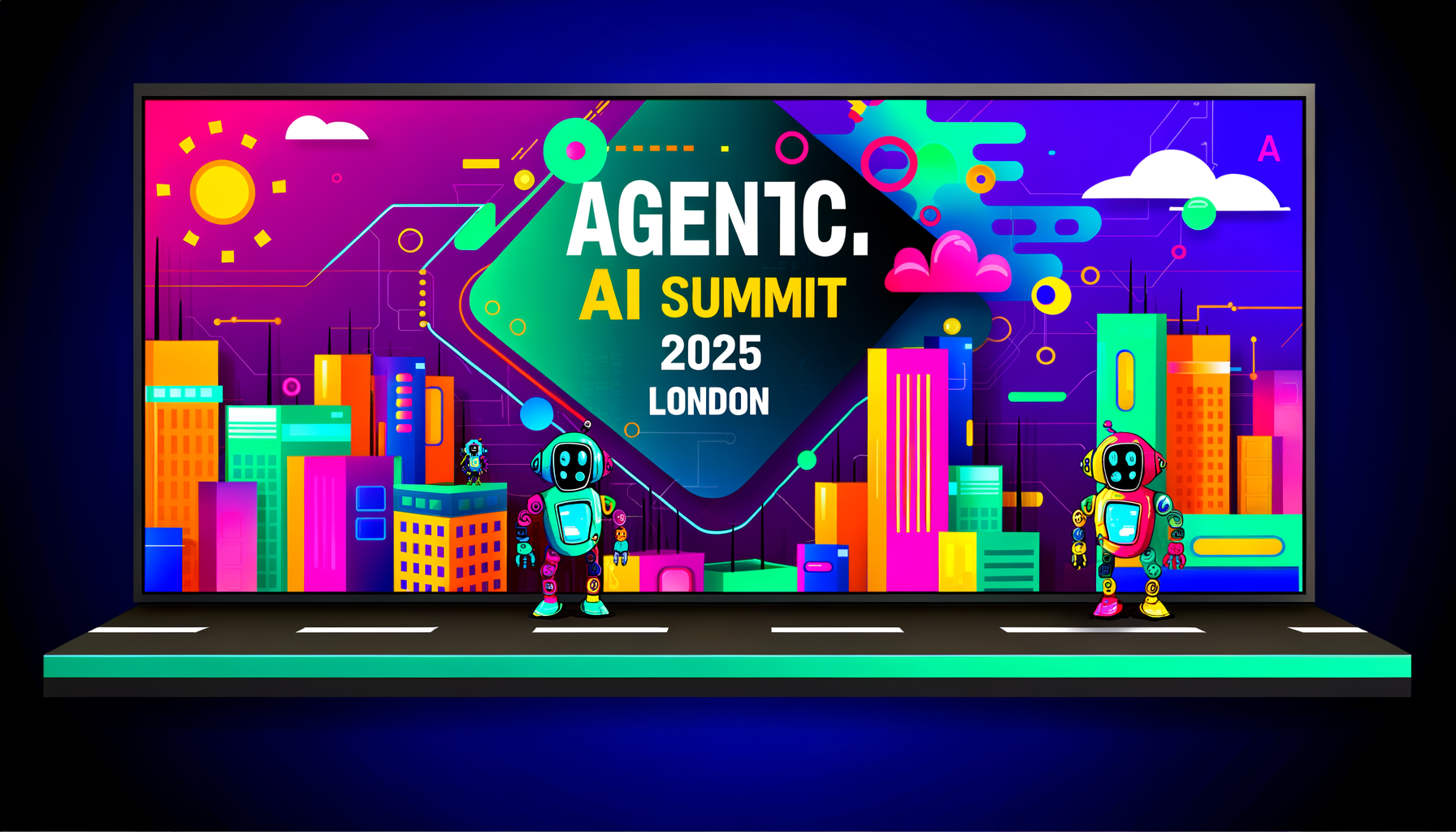 Нарисованный концепт AI Summit с логотипом Agentic AI и элементами робототехники.