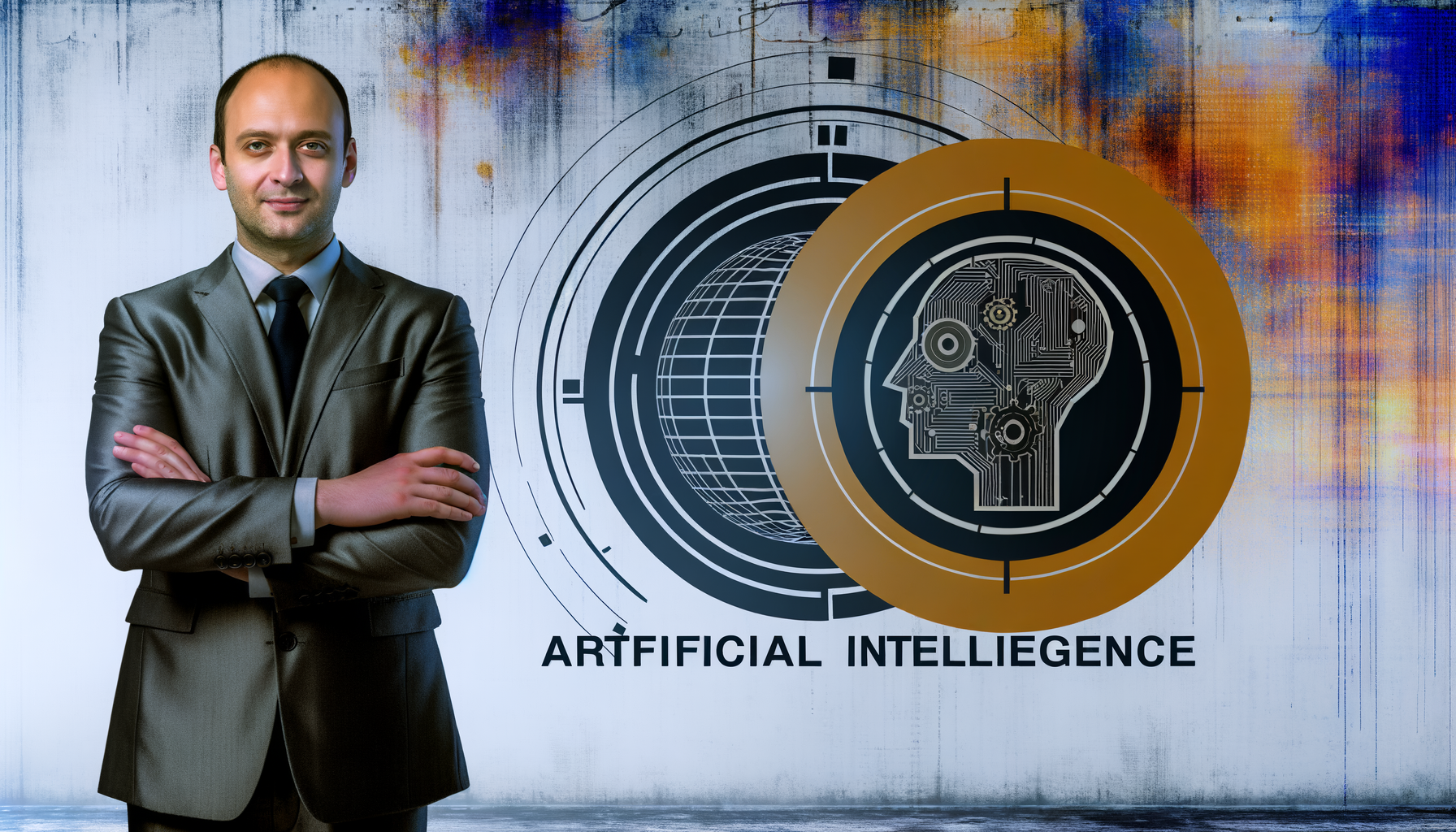 Дизайнер Джони Айв с логотипом OpenAI на фоне технологий.